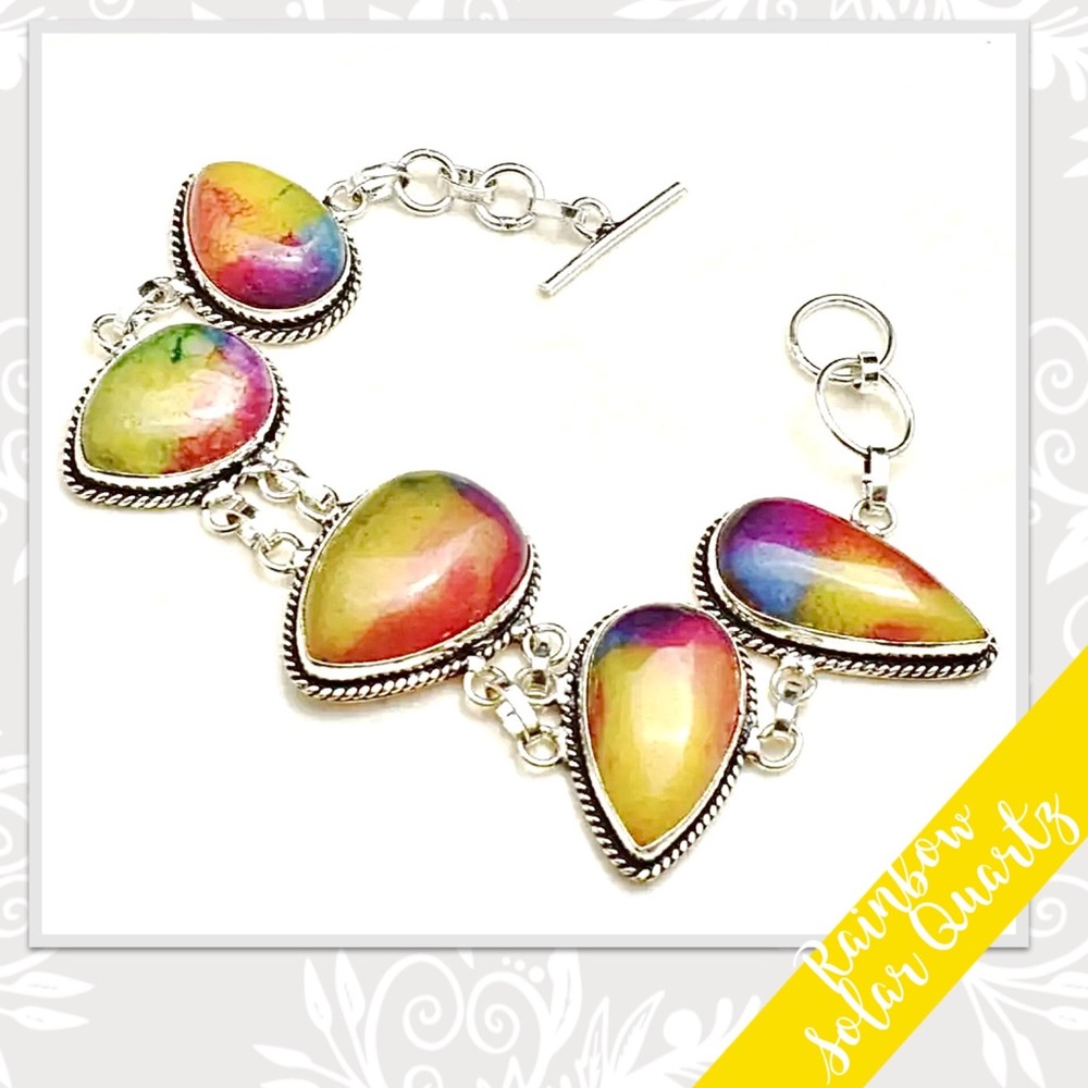 Rainbow Solar Quartz Silver Eclectic Bracelet Adjustable (Yellow Red Green Blue)